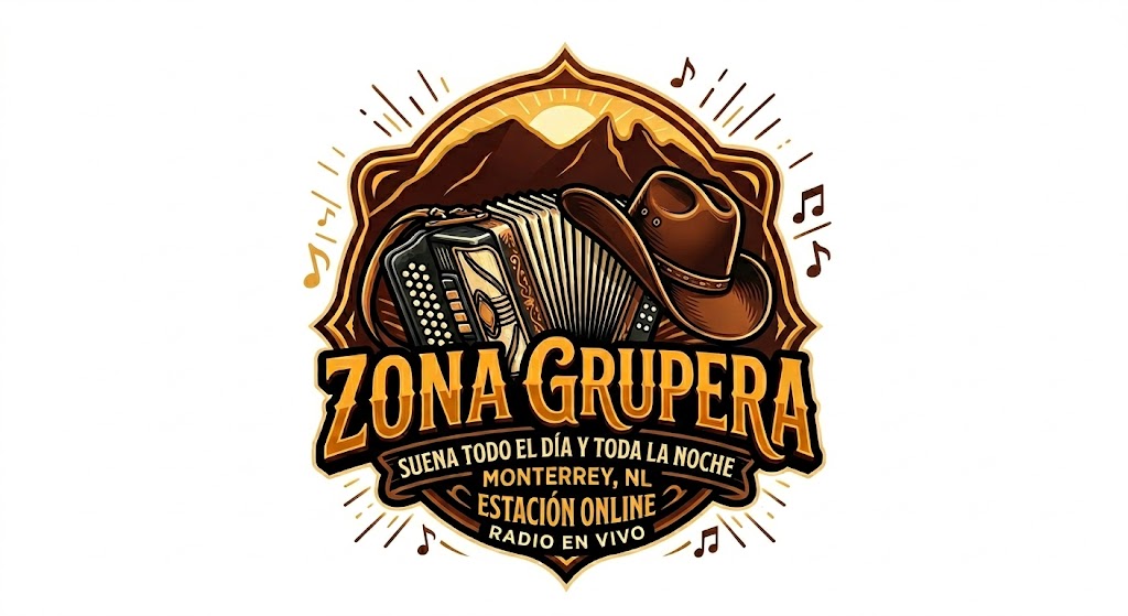 Logotipo de Zona Grupera con acordeón, sombrero y el Cerro de la Silla